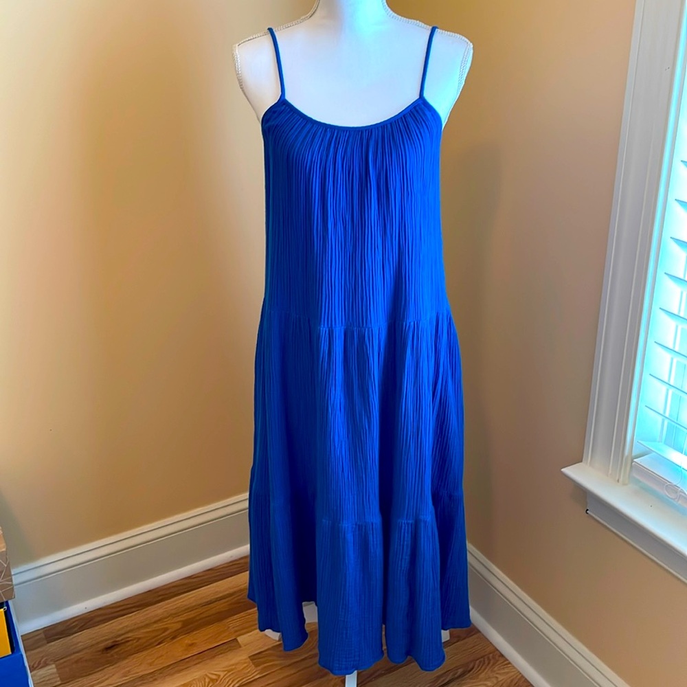H&M Cobalt Blue Tiered Gauze Midi dress Crinkle Cotton Sundress Royal XS - Picture 2 of 9